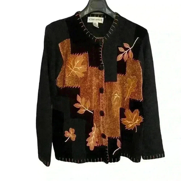 Vintage 80s Victoria Harbour Sweater Size M  Leaf Patchwork Print Black Fall - Picture 5 of 13
